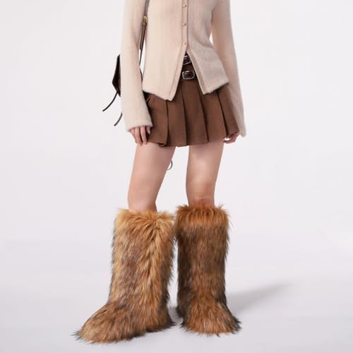 CELNEPHO Faux Fur Boots Knee High Furry Boots Fuzzy Winter Snow Shoes Flats