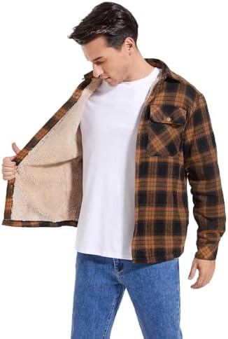 Men's Sherpa Cotton Flannel Shirt Jacket Plaid Button Coat Pocket
