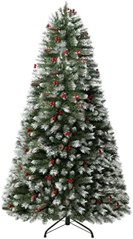 Vancouver 7.5ft Frosted Prelit Artificial Christmas Tree with Pine Cones,Faux Berries, Foot Pedal, 1346 Branch Tips,550 Warm Lights & Metal Stand, 53" Wide Realistic Decorated Spruce Christmas Tree