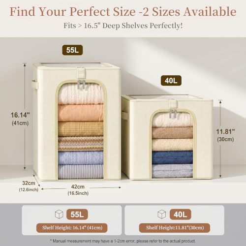 GoMaihe Clothes Storage Bins with Metal Frame for Closet, 40L 4-Pack Beige