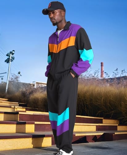 UOUA 80s Outfit for Men 90s Costumes 2 Piece Long Sleeve Track Suit Set