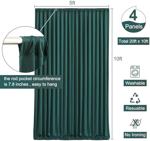 4 Panels Hunter Green Backdrop Curtain for Parties Wrinkle Free Dark Green Photo Curtains Backdrop Drapes Fabric Decoration for Baby Shower Birthday Party Photography 20ft(W) x 10ft(H)