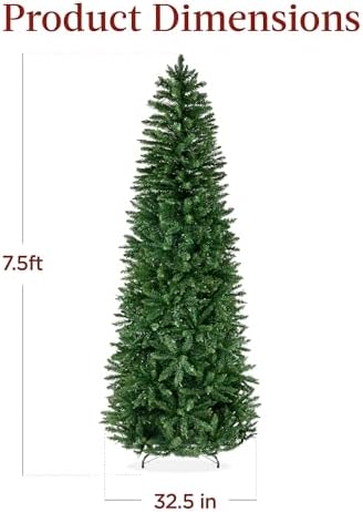 Best Choice Products Unlit Pencil Christmas Tree, 7.5ft Premium Artificial Tree, Realistic Spruce Holiday Decor w/ 1,075 Branch Tips, Metal Base