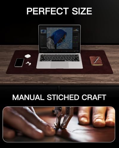 YSAGi Genuine Leather Desk Mat, 31.5"x15.8"Office Desk Pad, Thick Desk Pad Mat with Stitched Line, Non-Slip Desk Mat with Rubber Base (Red Brown, 31.5"x15.8")