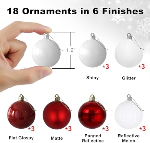 Red & White 1.6" Small Christmas Balls Christmas Tree Decoration Ornaments Shatterproof Hanging Balls for Birthday Halloween Holiday Wedding Decorations Set of 18pcs