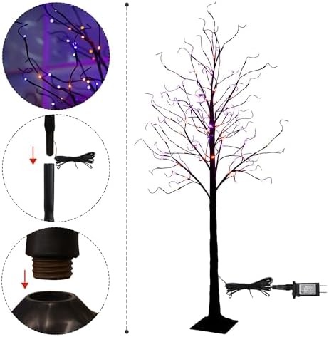 TW SHINE 2 Pack 6FT Halloween Lighted Black Birch Tree, Total 288 LED Purple and Orange Lights Artificial Spooky Tree with Timer, Waterproof Halloween Decoration for Indoor Outdoor Home Party Decor