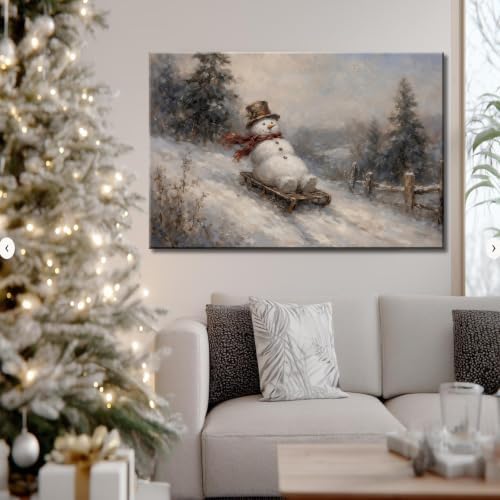 Christmas Winter Snowman Wood Sled Sleigh Wall Art (Framed,24×36 inch)