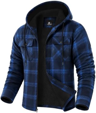 GEEK LIGHTING Men's Flannel Shirts Jacket Sherpa Lined Plaid Zipper Hoodie