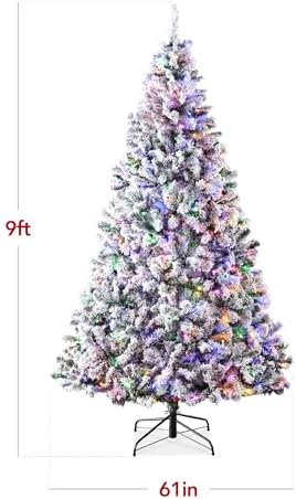 Best Choice Products Pre-Lit Artificial Christmas Tree 9ft Snow Flocked Pine Tree, 2-in-1 White and Multicolor LED Lights, Full Snowy Appearance