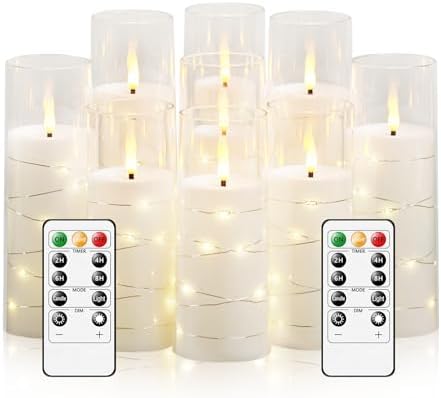 kakoya Flameless LED Candles with Timer 9 Pc Flickering Flameless Candles for Romantic Ambiance and Home Decoration Stable Acrylic Shell,with Embedded Star String，Battery Operated Candles（White）