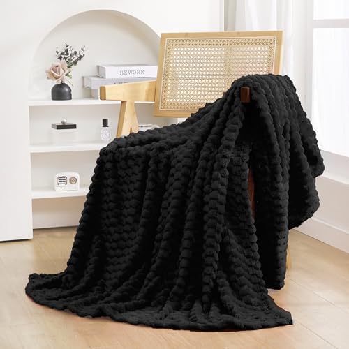 Black Throw Blanket 50"×70" Gifts for Mom Fuzzy 3D Jacquard Decorative