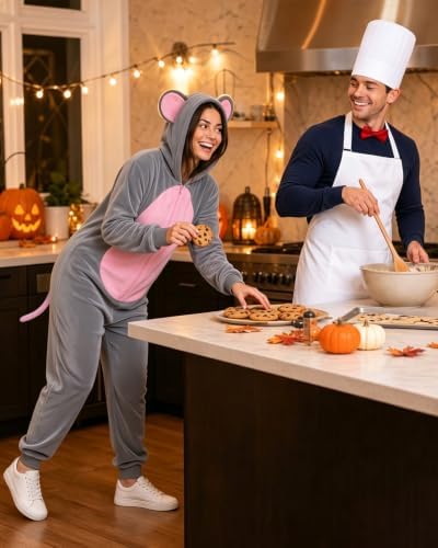 5 Pcs Adult Mouse and Chef Costume for Couples, Gray Rat Jumpsuit Set