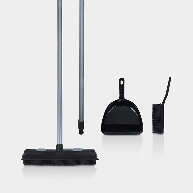 Rubber Bristle Broom and Rubber Squeegee Snap on Dustpan Set with Portable Push Broom Rug Squeegee and Extendable Telescoping Handle for Pet Hair Removal Home Office Fabric Carpet Floor Desk Black