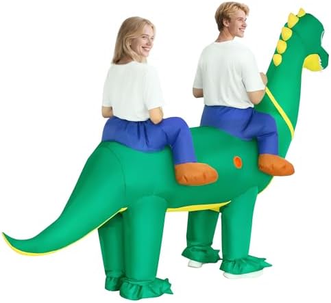 XYJKIDSES Couple Inflatable Dinosaur Costume for Adult Halloween Blow Up Costumes 2 Person Funny Ride On Brachiosaurus Costumes for Men Women Cosplay