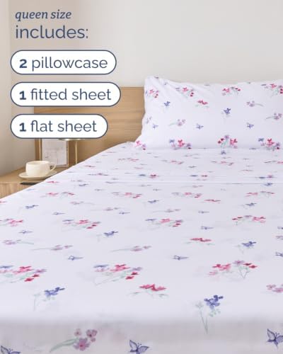 Queen 4 Piece Boho Botanical Floral Sheet Set - Breathable & Cooling - Posy