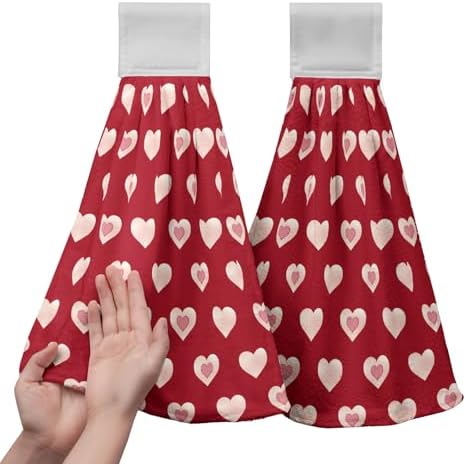 Valentines Heart Kitchen Hanging Towels Valentines Day Red Love Hearts Hand Towels with Hanging Loops Set of 2 Oven Stove Dish Hang Towel Soft Absorbent Tea Bar Bath Tie Towel