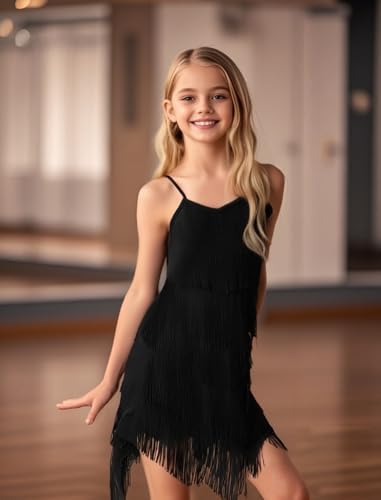 IDOPIP Kids Girls 1920s Flapper Dress Tassels Sequins Fringe Latin Dance Dress Gatsby Halloween Party Ballroom Dance Costumes