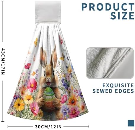 Spring Easter Hanging Kitchen Towels Easter Bunny Rabbit Eggs Flowers Hand Towel with Hanging Loop Watercolor Floral Rabbits Dish Tie Towels Super Absorbent Soft Fast Drying Bath Towel for Bathroom