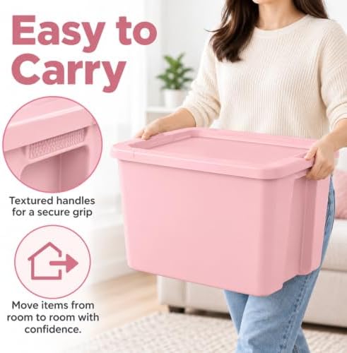 18 Gal Storage Bin with Snap-On Lid, Stackable Plastic Tote, Pink