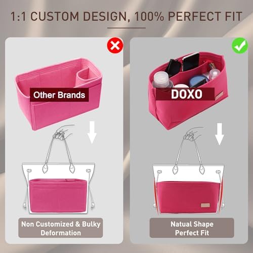 Doxo Purse Organizer Insert for Handbags & Base Shaper 2pc Set, Felt Neverfull GM Organizer Insert, Tote Bag Organizer with Zipper Pocket and Bottle Holder, Fit Neverfull GM and More, Rose-XL