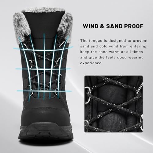 Women's Snow Boots Winter Water-Resistant Faux Fur Lined Warm Outdoor Lace Up Mid-Calf Booties Deep Tread Rubber Sole