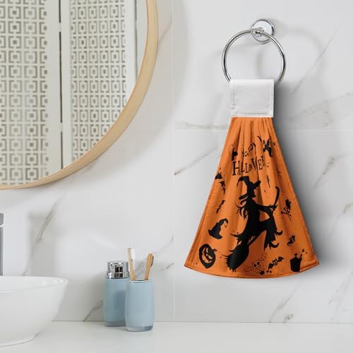 Happy Halloween Hanging Hand Towels Set of 2 for Bathroom Witch Castle Spider Web Kitchen Towels with Hanging Loop Orange and Black Holiday Dish Towel Soft Absorbent Fingertip Fast Dry Bath Towels