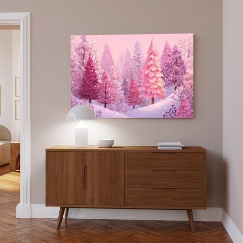 JDBeehpy Snowy Wall Art Pink Pine Forest Canvas Prints Framed 8x12inch