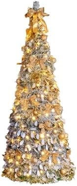 VINGLI 6ft Pre Lit Pop Up Christmas Tree w/ 100 Lights, Fully Decorated Flocked Pencil Christmas Tree, Collapsible Xmas Tree for Holiday Party Decorations, Gold