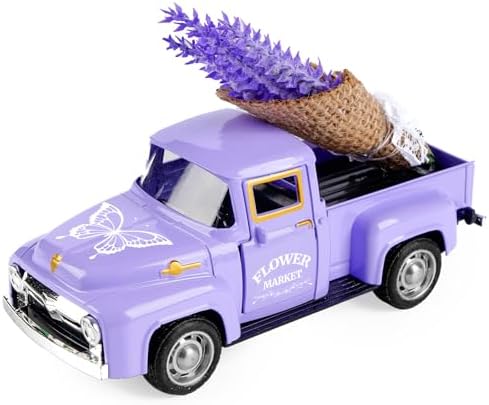 Lavender Truck Decor with Flowers, Purple Floral Pickup Truck with Butterfly, Rustic Farmhouse Tabletop Centerpiece, Spring Country Home Office Kitchen Tiered Tray Decor