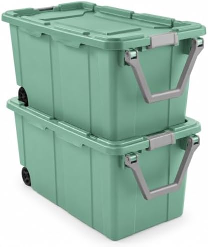 2-Pack 40 Gal Wheeled Storage Bins, Latching Lid & Pull Handle, Green