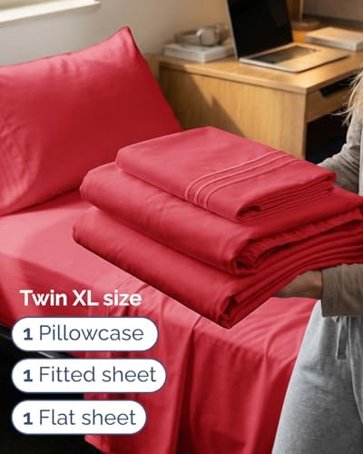 Twin XL Size 3 Piece Sheet Set - Comfy Breathable & Cooling Sheets - Red