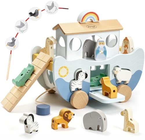 Joyreal Wooden Noah's Ark Toy for 1 Year Old Baby Boy and Girl Baptism Gift