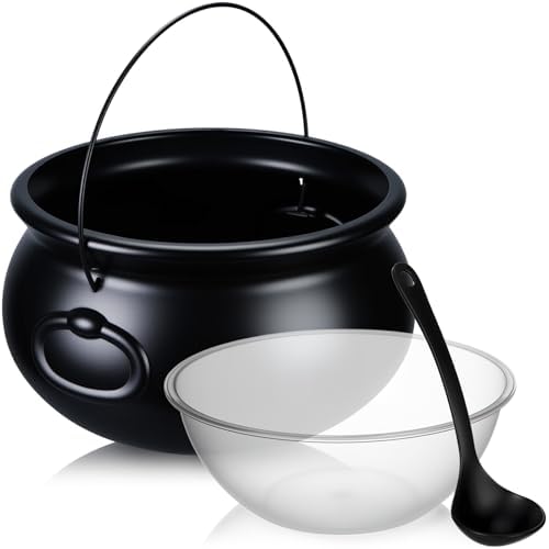 LemonRoad 3 Pcs Halloween Cauldron 12.6 Inch with Ladle Black Plastic Bowl