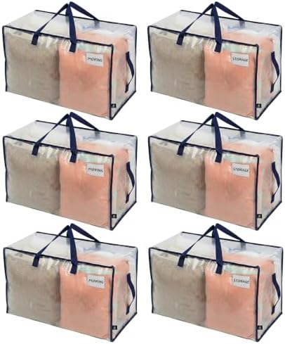 VENO 6 Pack Clear Extra Large Moving Bags & Storage Totes, Heavy Duty Organizer with Reinforced Handles & Strong Zippers for Clothes, College Dorm Essentials, Moving Supplies