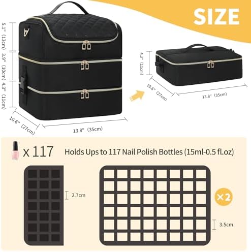 CUBETASTIC Portable Nail Polish Organizer Case Holds 117 Bottles - 3-Layer Nail Tech Kit with Storage Bag & Shoulder Strap, Extra Large Nail Supplies Travel Carrying Box