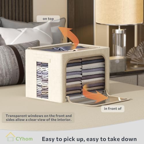 Clothes Storage Bins with Metal Frame, Clear Windows, 22L, Beige, 2-Pack