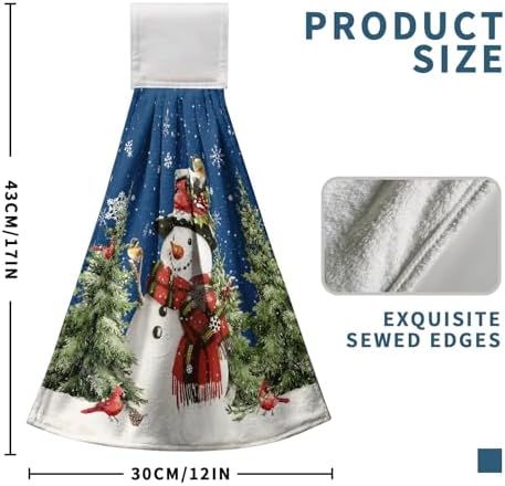 Blue Snowman Winter Kitchen Tie Towel Christmas Snow Pine Tree Birds Kitchen Hand Towels with Hanging Loops Xmas Farmhouse Bath Towel Soft Absorbent Fingertip Dish Tie Towels Set of 2