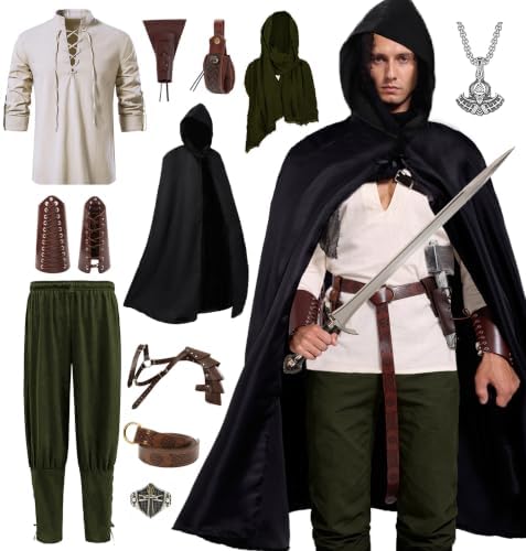 Akokvlar 10 Pcs Men Renaissance Costume Medieval Pirate Shirt Ankle Banded Pants Viking Outfit Set