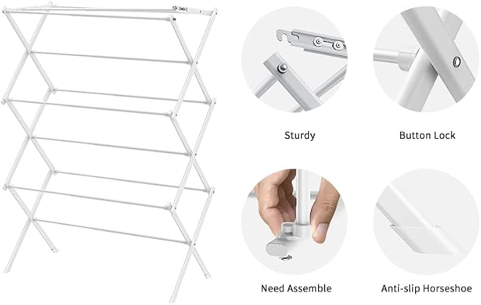 3 Tier Clothes Drying Rack, Foldable Drying Rack Clothing,Indoor & Outdoor Laundry Rack for Drying Clothes,Space-Saving Design,Small Collapsible Portable Dryer Racks for Laundry,Pure White