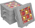 ProPik 4 Pcs Christmas Ornament Storage Boxes with Dividers, Transparent Top Zipper Closure, 4 Individual Ornament Holder Trays, Keeps 64 Holiday Ornaments, Ornament Organizer Storage Box (Gray)