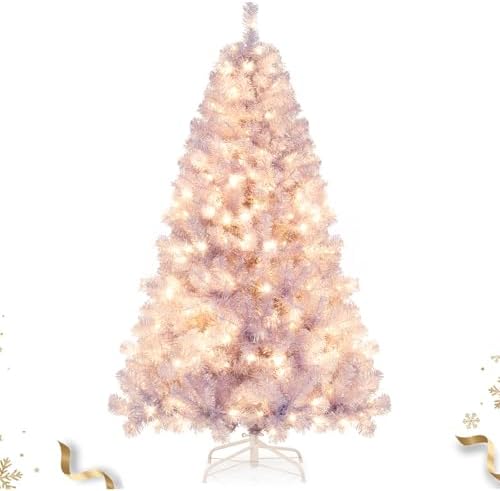 HAPPYGRILL 6 FT Pre-lit Tinsel Christmas Tree Artificial Xmas Tree with 250 LED Lights, 8 Modes, 688 Lavender Purple Branch Tips, Folding Metal Stand, Seasonal Holiday Tree for Home Office Party