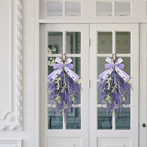 nuvagiki Lavender Teardrop Swag, 2 Pack 24 Inch Front Door Swag Wreaths, Spring Summer Rustic Farmhouse Door Decor, Purple Floral Hanging Swag for Porch