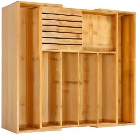 VaeFae Bamboo Silverware Drawer Organizer Kitchen, Expandable Utensil Organizer with Knife Block, Cutlery Tray with Divider, Multifunctional Drawer Organizer
