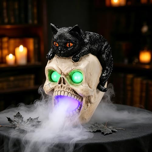Halloween Black Cat Skeleton Statue LED Light Smoke Effect Decor