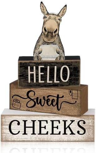 Moucuny 4 Pcs Hello Sweet Cheeks Bathroom Decor Wooden Signs Donkey