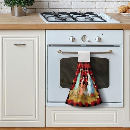 Christmas Holy Night Kitchen Towels with Hanging Loop Jesus Nativity Red Buffalo Plaid Hand Tie Towels Winter Holiday Xmas Soft Absorbent Bath Towel Oven Stove Dish Cloth Set of 2