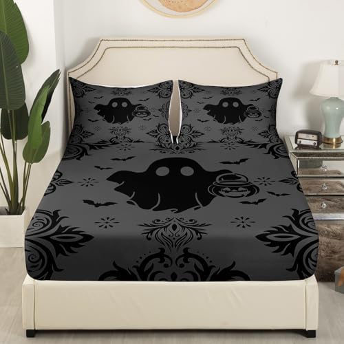 Castle Fairy Cute Ghost Bed Sheet Queen Size White Gray Halloween Sheets Sets Adults Bedroom Decor Bat and Pumpkin Microfiber Bedding Set with Flat,Fitted Sheet,2 Pillow Cases