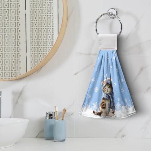 Winter Funny Cat Hanging Kitchen Towels Set of 2 Winter Snowflakes Hand Towel with Hanging Loop Cute Cat with Scarf Hanging Tie Towel Soft Absorbent Blue Dish Tea Towels for Bathroom 12x17 Inch