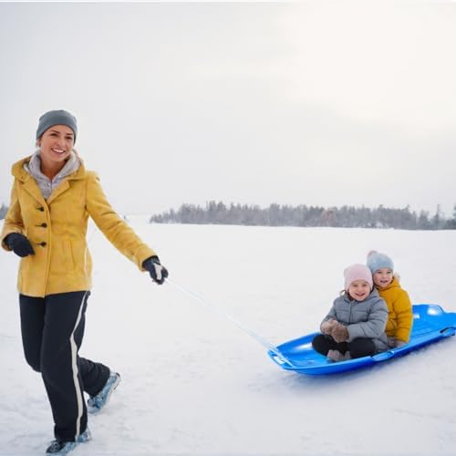 Toboggan Snow Sled for Adults, 48in Plastic Sleds with Pull Rope and 4 Handles, Outdoor Plastic Snow Sled for Kids and Adults