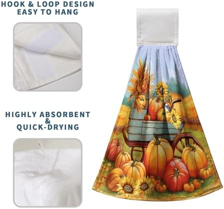 Fall Orange Pumpkin Kitchen Hanging Hand Towels Thanksgiving Autumn Sunflower Hand Towels with Loop Harvest Farmhouse Bath Towels Soft Absorbent Fingertip Tie Towel for Bathroom